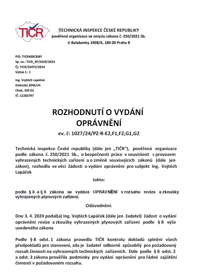 Oprávnění 1027/24/PZ-R-E2,F1,F2,G1,G2